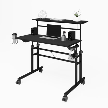 Rolling Writing Desk with Height Adjustable Desktop and Moveable Shelf, Black