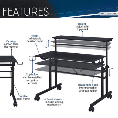 Rolling Writing Desk with Height Adjustable Desktop and Moveable Shelf, Black