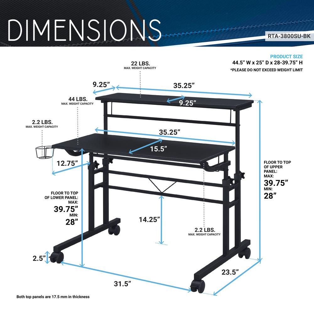 Rolling Writing Desk with Height Adjustable Desktop and Moveable Shelf, Black