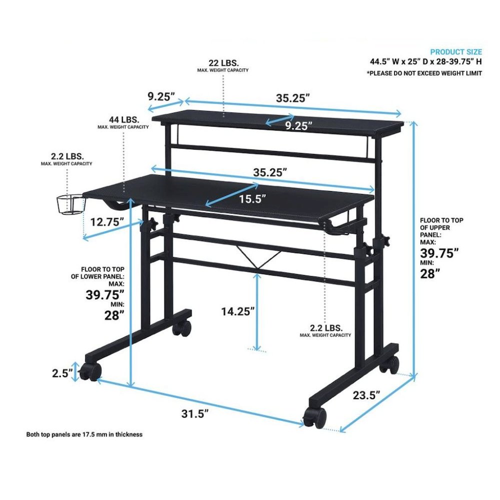 Black Adjustable Desk with Wheels, Computer and Office Table with Storage