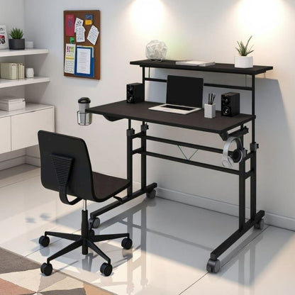 Black Adjustable Desk with Wheels, Computer and Office Table with Storage