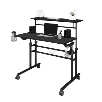 Black Adjustable Desk with Wheels, Computer and Office Table with Storage