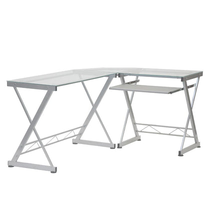 L-Shaped Tempered Glass Top Computer Desk With Pull Out Keybaord Panel. Color: Clear