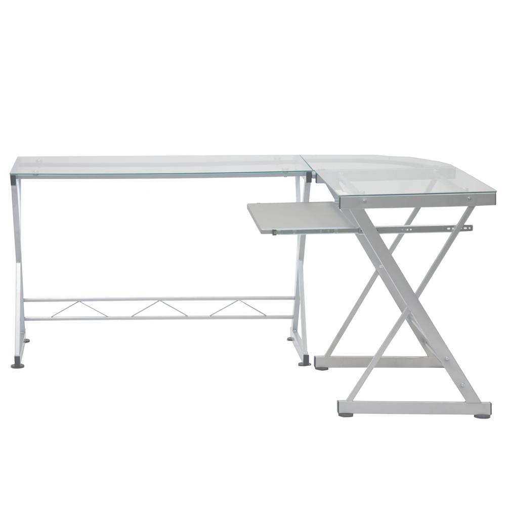 L-Shaped Tempered Glass Top Computer Desk With Pull Out Keybaord Panel. Color: Clear