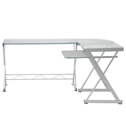 L-Shaped Tempered Glass Top Computer Desk With Pull Out Keybaord Panel. Color: Clear