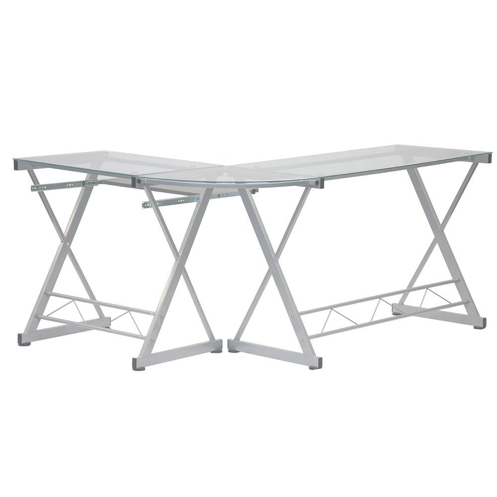 L-Shaped Tempered Glass Top Computer Desk With Pull Out Keybaord Panel. Color: Clear
