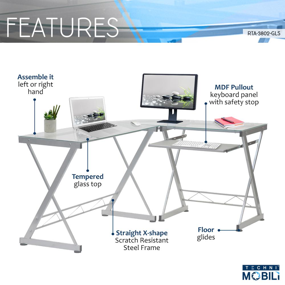 L-Shaped Tempered Glass Top Computer Desk With Pull Out Keybaord Panel. Color: Clear