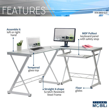 L-Shaped Tempered Glass Top Computer Desk With Pull Out Keybaord Panel. Color: Clear