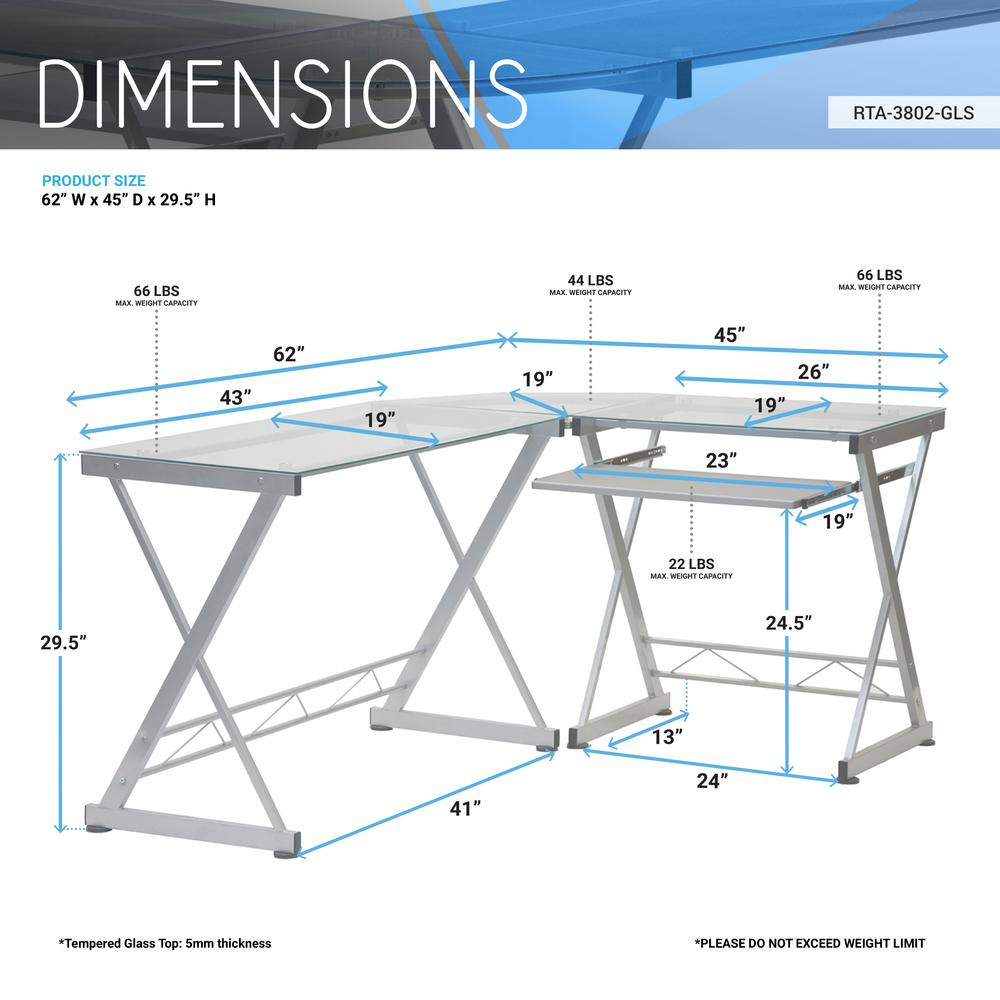 L-Shaped Tempered Glass Top Computer Desk With Pull Out Keybaord Panel. Color: Clear