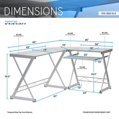 L-Shaped Tempered Glass Top Computer Desk With Pull Out Keybaord Panel. Color: Clear