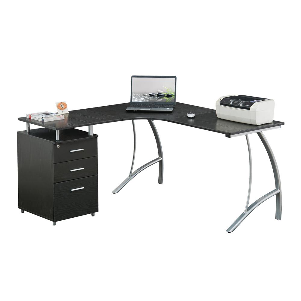 Modern L- Shaped Computer Desk with File Cabinet and Storage. Color: Espresso
