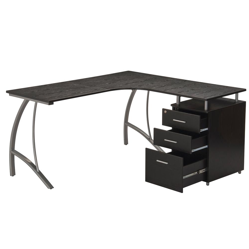 Modern L- Shaped Computer Desk with File Cabinet and Storage. Color: Espresso