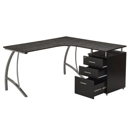 Modern L- Shaped Computer Desk with File Cabinet and Storage. Color: Espresso