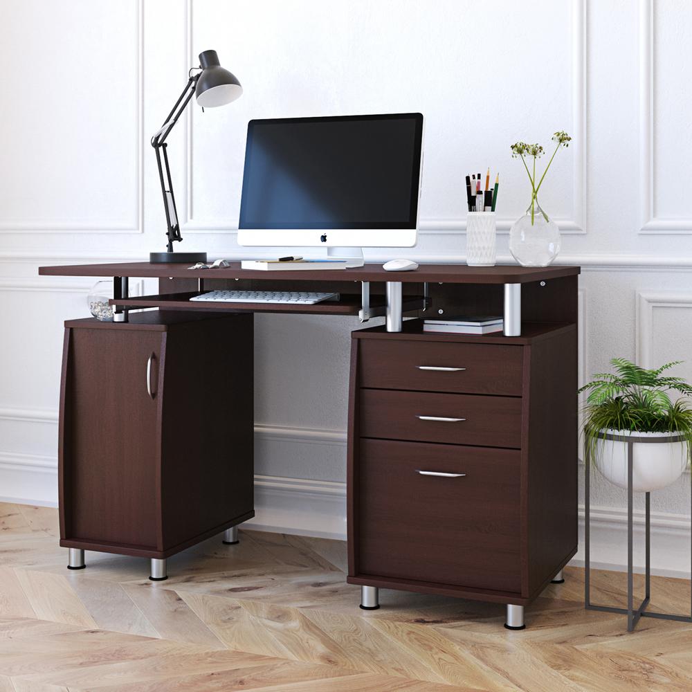 Complete Workstation Computer Desk with Storage. Color: Chocolate