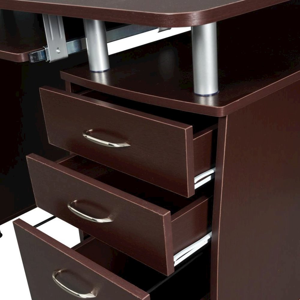 Brown Home Office Desk with Storage 2 Drawers, Keyboard Shelf, 2 Cabinets