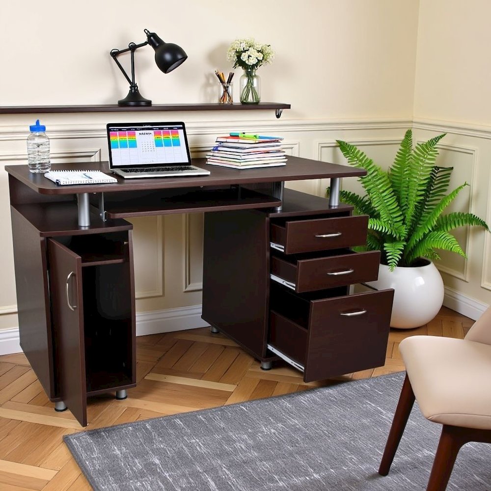 Brown Home Office Desk with Storage 2 Drawers, Keyboard Shelf, 2 Cabinets