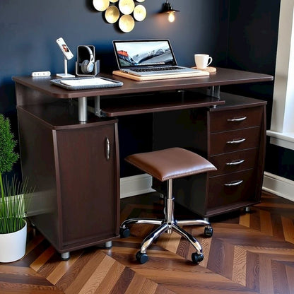 Brown Home Office Desk with Storage 2 Drawers, Keyboard Shelf, 2 Cabinets