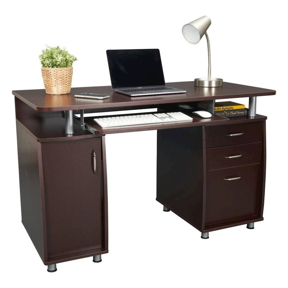 Brown Home Office Desk with Storage 2 Drawers, Keyboard Shelf, 2 Cabinets