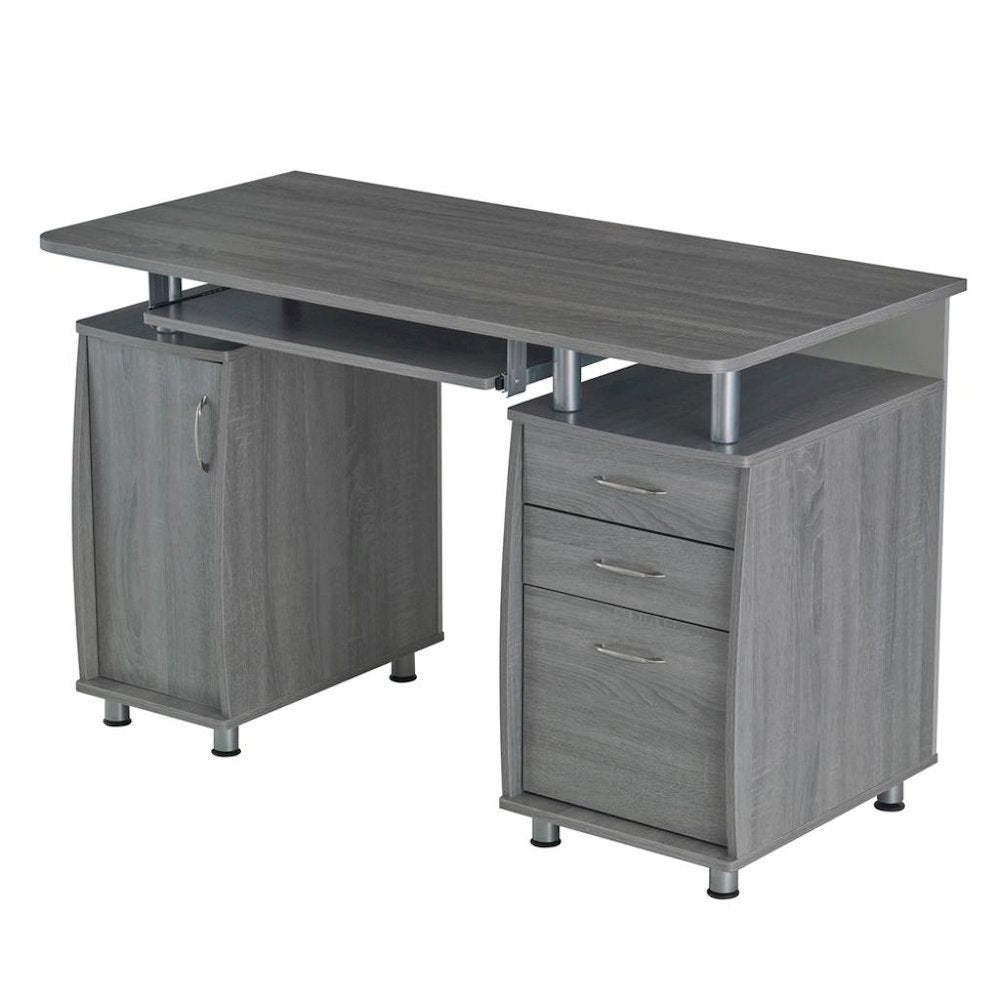 Gray Home Office Desk with Storage 2 Drawers, Keyboard Shelf, 2 Cabinets