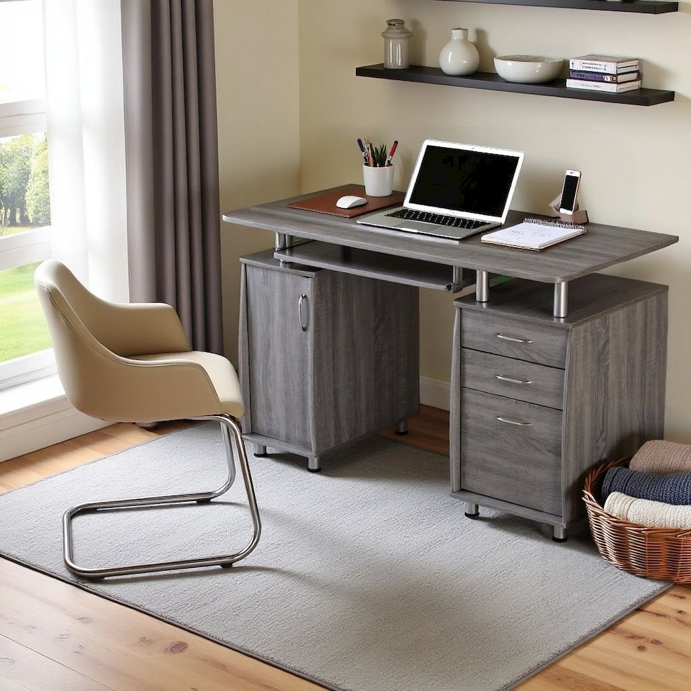 Gray Home Office Desk with Storage 2 Drawers, Keyboard Shelf, 2 Cabinets
