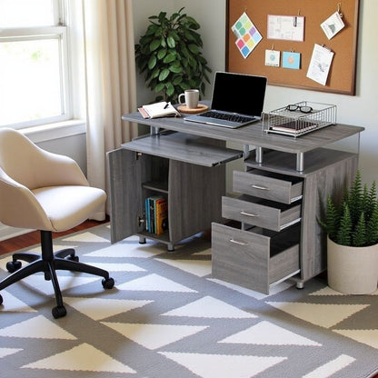 Gray Home Office Desk with Storage 2 Drawers, Keyboard Shelf, 2 Cabinets