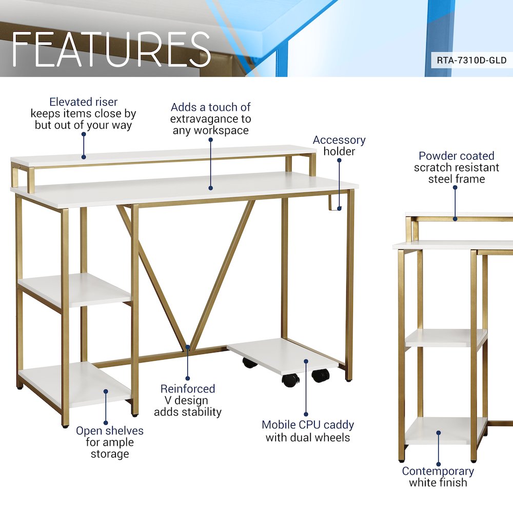Techni Mobili Industrial Writing Desk, Gold