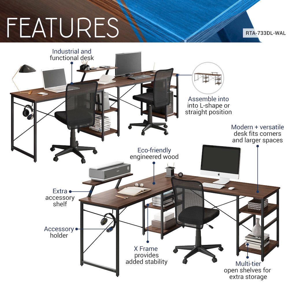 Techni Mobili L-Shape Industrial Desk with storage shelves, Walnut