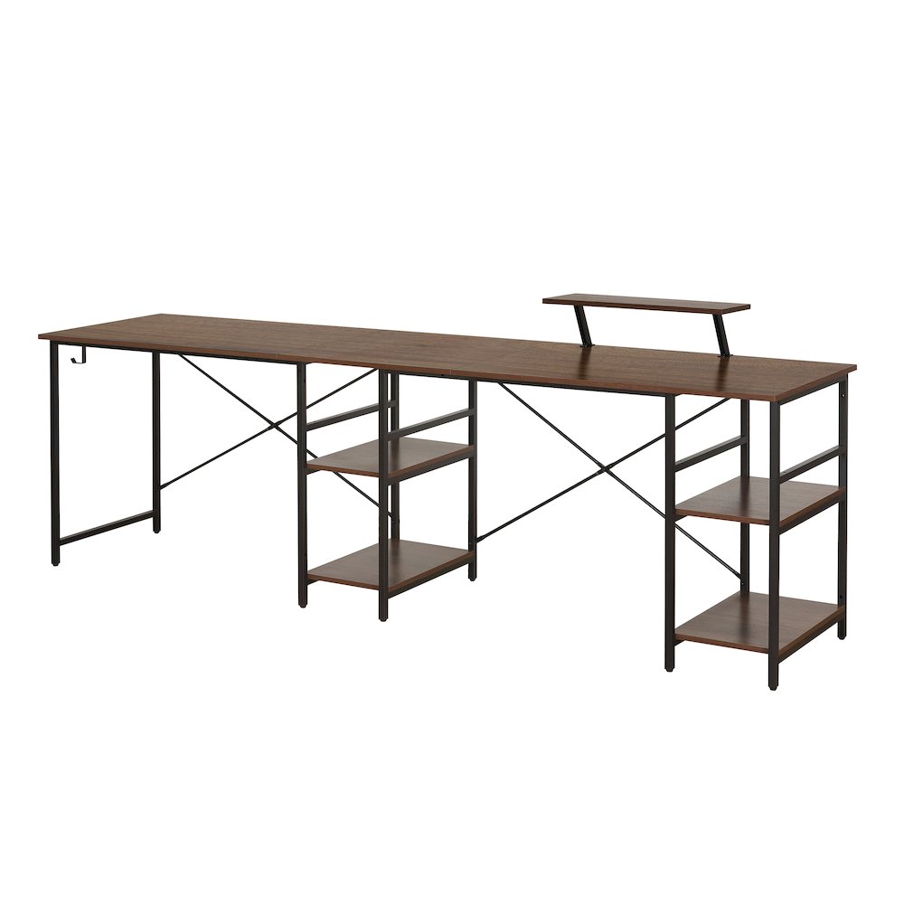 Techni Mobili L-Shape Industrial Desk with storage shelves, Walnut