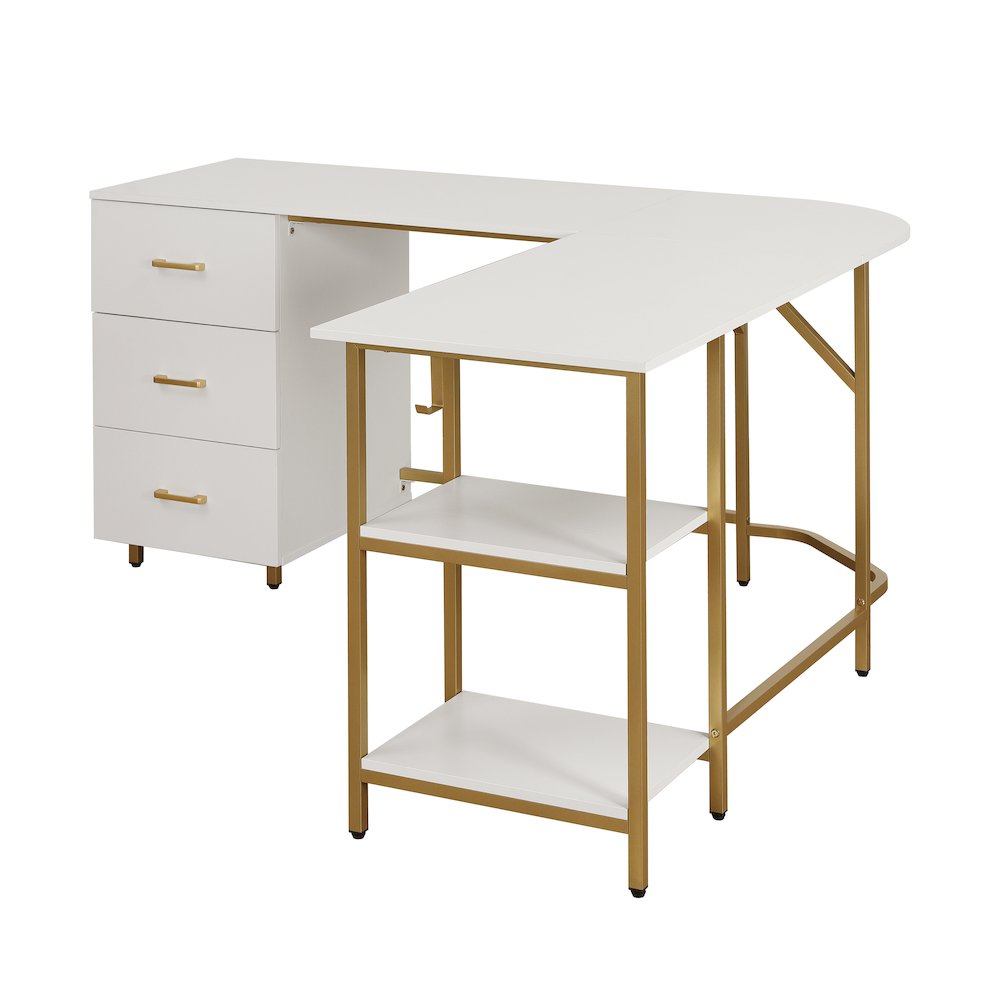 Techni Mobili L-Shape Home Office Two-Tone Desk with Storage, Gold