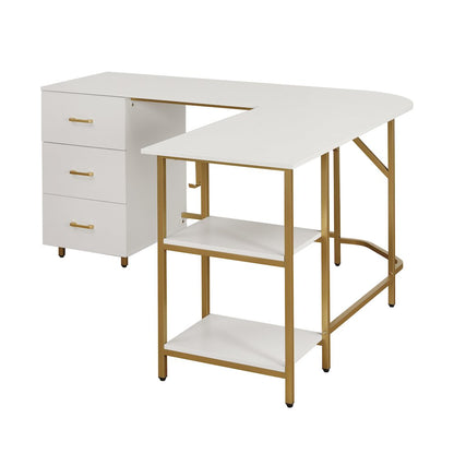 Techni Mobili L-Shape Home Office Two-Tone Desk with Storage, Gold