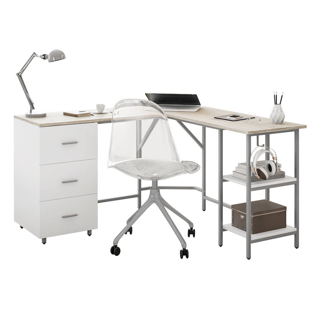 Techni Mobili L-Shape Home Office Two-Tone Desk with Storage, Sand