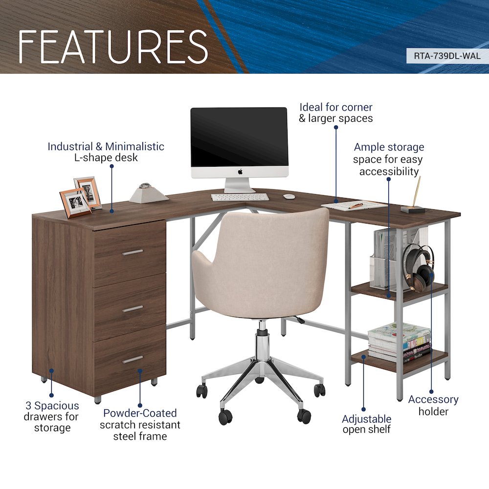 Techni Mobili L-Shape Home Office Two Tone Desk with Storage, Walnut