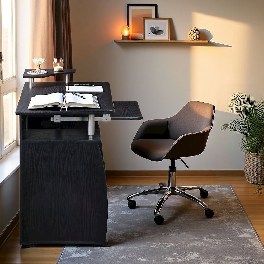 Brown Office Desk with Storage, Writing Wood Desk with 2 Drawers, Shelves