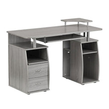 Gray Office Desk with Storage, Writing Wood Desk with 2 Drawers, Shelves
