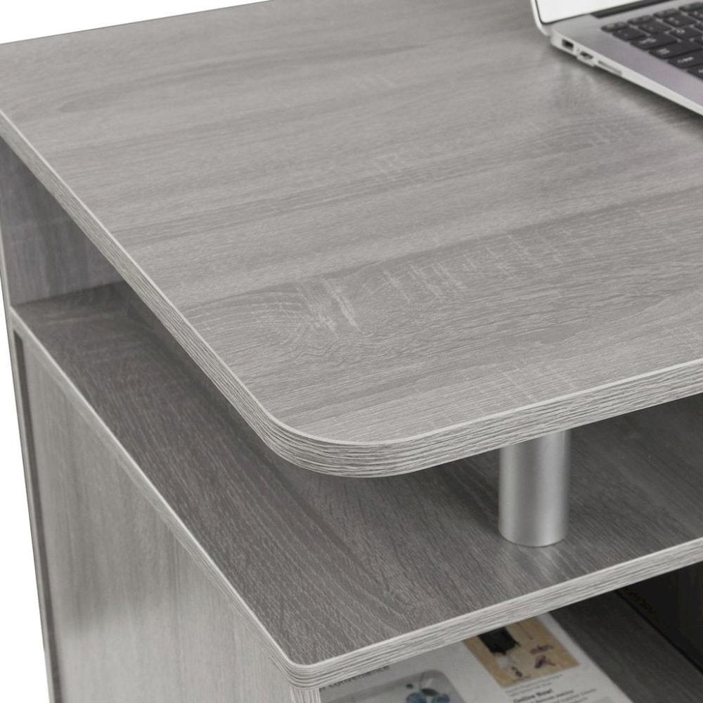 Gray Office Desk with Storage, Writing Wood Desk with 2 Drawers, Shelves