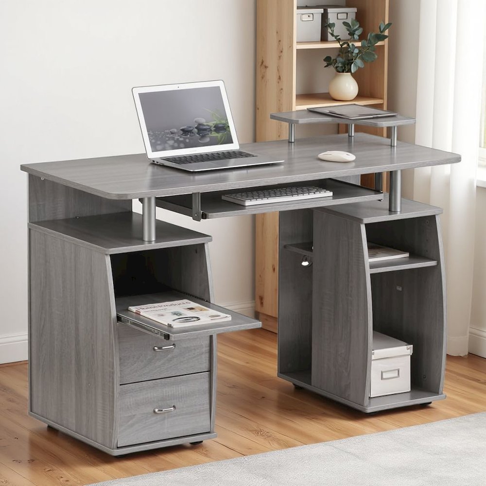 Gray Office Desk with Storage, Writing Wood Desk with 2 Drawers, Shelves