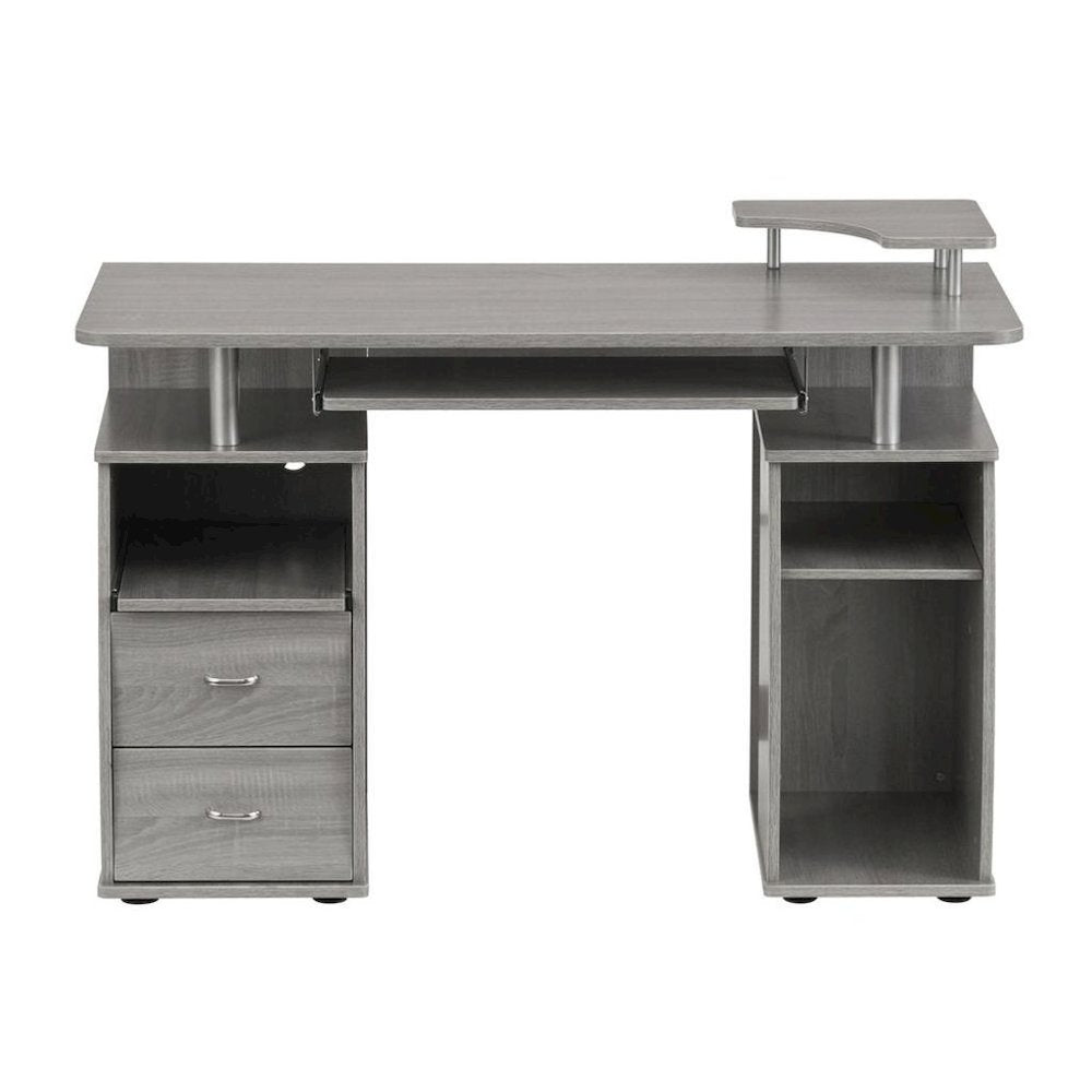 Gray Office Desk with Storage, Writing Wood Desk with 2 Drawers, Shelves