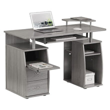 Gray Office Desk with Storage, Writing Wood Desk with 2 Drawers, Shelves