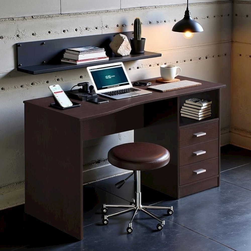 Brown Wood Desk With 3 Storage Drawers And Shelf, Home Office Writing Table