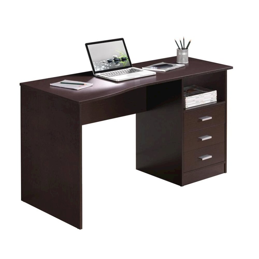 Brown Wood Desk With 3 Storage Drawers And Shelf, Home Office Writing Table