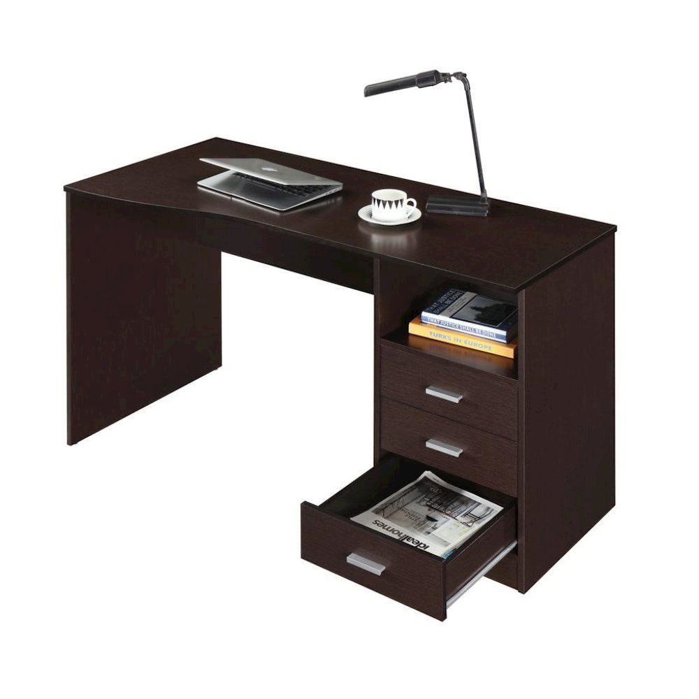 Brown Wood Desk With 3 Storage Drawers And Shelf, Home Office Writing Table