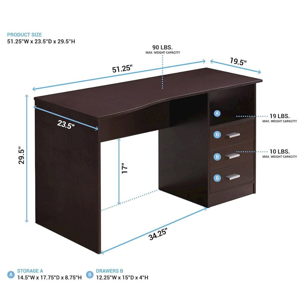 Brown Wood Desk With 3 Storage Drawers And Shelf, Home Office Writing Table