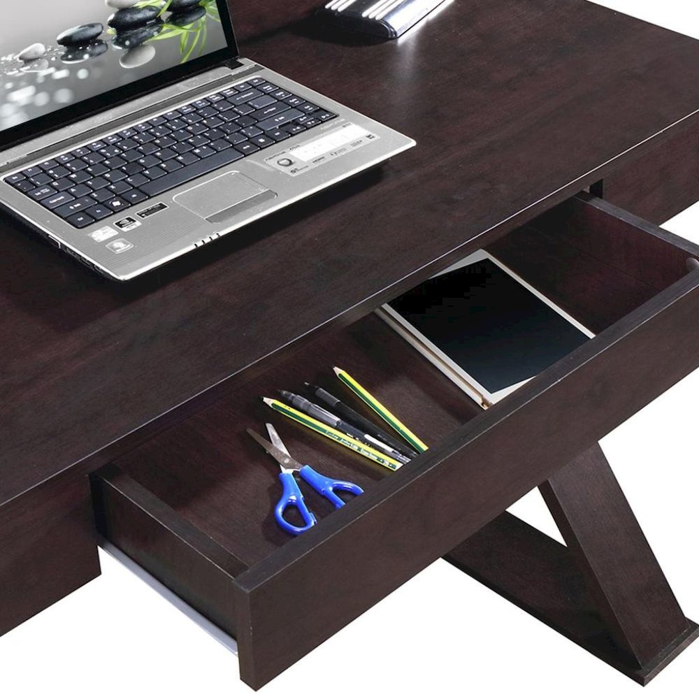Espresso Brown Desk With Drawer, Modern Wood Table For Home Office Use