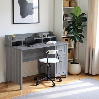 Wood Desk with Drawer, Door and 6 Shelves, Gray Office Writing Desk with Storage