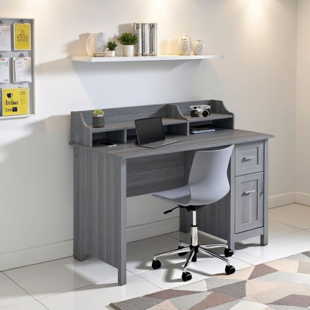 Wood Desk with Drawer, Door and 6 Shelves, Gray Office Writing Desk with Storage