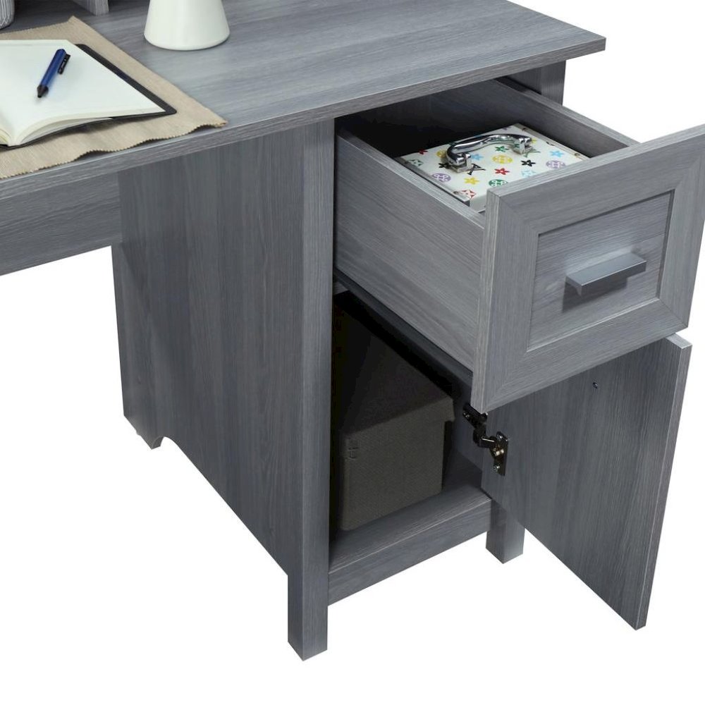 Wood Desk with Drawer, Door and 6 Shelves, Gray Office Writing Desk with Storage