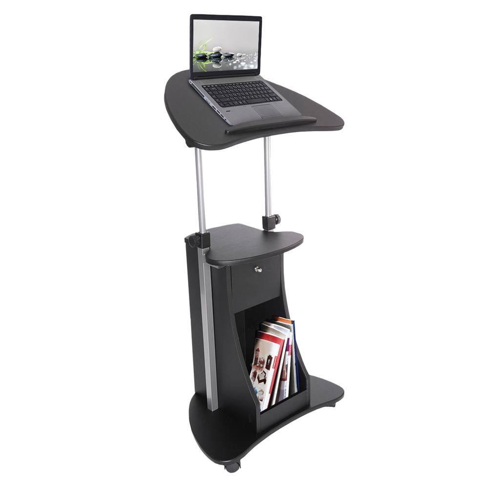 Rolling Adjustable Laptop Cart With Storage. Color: Black