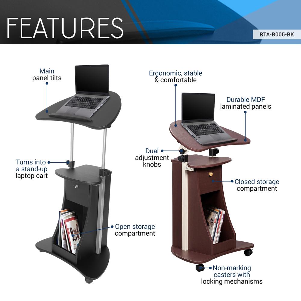 Rolling Adjustable Laptop Cart With Storage. Color: Black