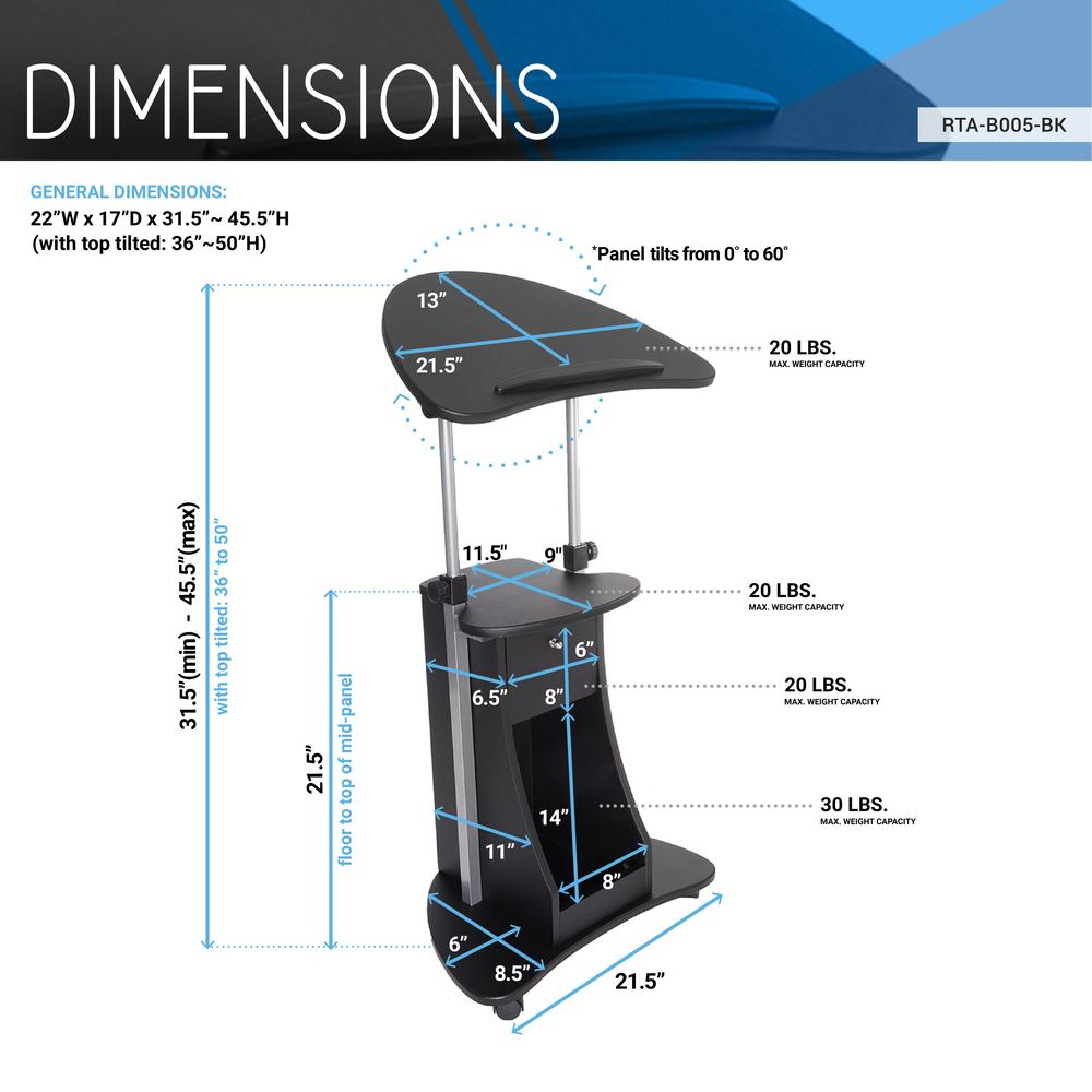 Rolling Adjustable Laptop Cart With Storage. Color: Black