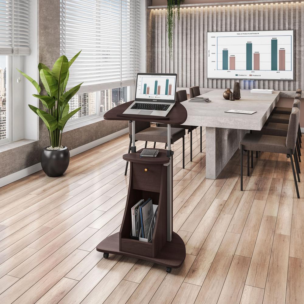 Rolling Adjustable Laptop Cart With Storage. Color: Chocolate